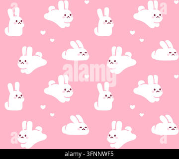 Niedliches Cartoon-Hasenmuster auf rosa Hintergrund, Babymädchen-Farbe. Einfache, bezaubernde handgezeichnete weiße Hasen in verschiedenen Posen. Vektorillustration. Stock Vektor