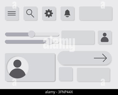 Eine Sammlung minimalistischer Benutzeroberflächenelemente, darunter Schaltflächen, Schieberegler, Profilavatare und Navigationssymbole auf einem neutralen grauen Hintergrund. Stock Vektor