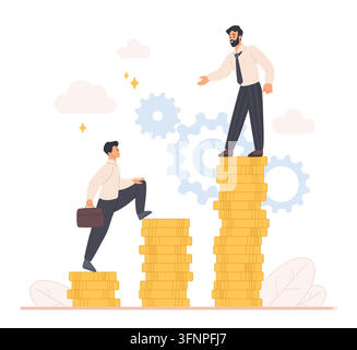 Geschäftsleute, die Münzstapel mit Führungsunterstützung erklimmen, zeigen Teamarbeit, Beförderung, Mentoring, Karrierewachstum und finanziellen Erfolg am Arbeitsplatz, isoliert auf weißem Hintergrund, Vektorillustration Stock Vektor