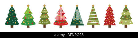 Illustrationsset für Weihnachtsbäume. Festlich dekorierte Tannen mit Ornamenten und Feierelementen Stock Vektor