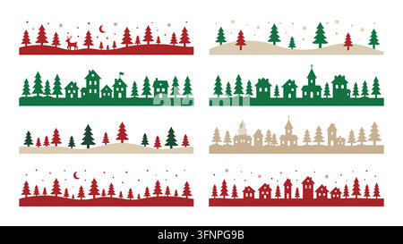 Silhouettensatz für Weihnachts- und Winterlandschaften. Festliche Wald-, Dorf-, Baum-, Schnee- und Feiertagslandschaft Stock Vektor