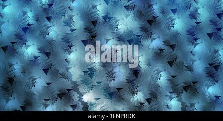 Ein abstrakter blauer Strukturhintergrund, verziert mit dunklen dreieckigen Formen und einem dynamischen, abgenutzten Pinselstrichmuster. Stockfoto