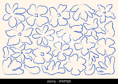 Blaue handgezeichnete Blumenumrisse in verspielten organischen Formen, grobe Kritzeleinschläge und unregelmäßige Blumenelemente, angeordnet als dekorative Sammlung auf hellem Hintergrund-Vektorillustration Stock Vektor