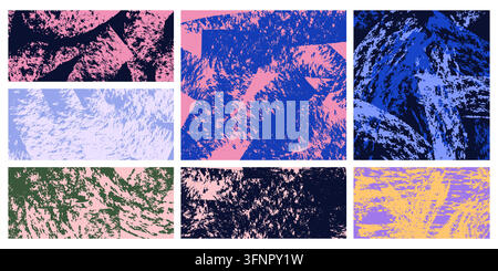 Farbenfrohes Grunge-Textur-Hintergrundset mit abgenutzten Pinselstrichen, körnigen Farboberflächen, rauen abstrakten Panels in Rosa-, Blau-, Violett- und Grüntönen für Poster- oder Banner-Vektorillustration Stock Vektor