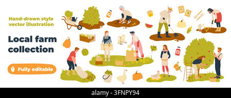 Handgezeichnete Bauernhofsammlung mit Gärtnern beim Pflanzen, Graben, Ernten von Äpfeln und Gemüse, Tragen von Produktkisten, Schubkarre, Geflügel, Werkzeugen, Kürbissen, Gläsern, Stiefeln, Körben auf weißer Vektorillustration Stock Vektor