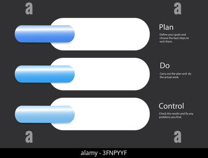 Play, Do, Control Infografiken bereit für Ihre Verwendung auf dem schwarzen Hintergrund. Vektorillustration. Stock Vektor
