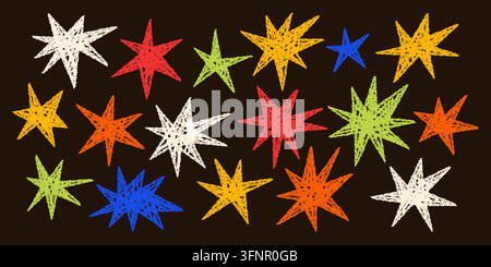 Satz farbenfroher rauer Sternenkritzeleien, kühne grunge-Pinsel gezeichnete Sternchenformen, kindliche geometrische Symbole mit Kreidetextur, isoliert auf dunklem Hintergrund, handgezeichnete Vektorgrafik Stock Vektor