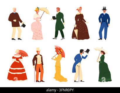 Sammlung von Männern und Frauen aus der viktorianischen Ära in eleganter historischer Kleidung, Kleidern, Mänteln, Hüten, Gehstöcken, Sonnenschirmen, einzeln posiert in einem Charakter-Set, isoliert auf weißer Vektorillustration Stock Vektor