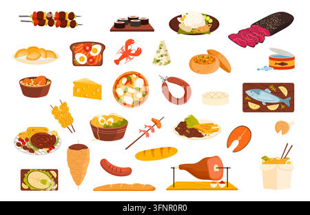 Sammlung internationaler Lebensmittel-Symbole mit Sushi, Pizza, Nudeln, Meeresfrüchten, Fleisch, Käse, Brot, Gebäck, Konservenfisch, Desserts und angerichteten Gerichten in einem sauberen Flat-Style-Vektorillustration Stock Vektor
