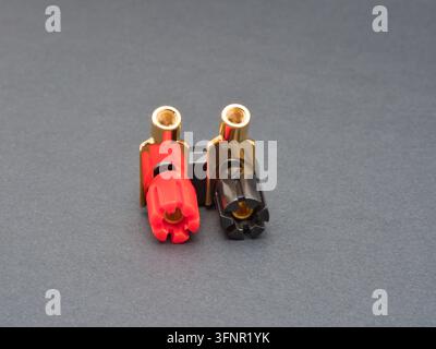 Vergoldete Bananenstecker-Bindekontakte - Zwei vergoldete Bananenstecker-Bindekontakte, einer mit einem roten Isolator und der andere mit einem schwarzen Isolator, auf einem Stockfoto