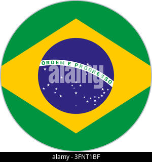 Rundes kreisförmiges Flaggen-Icon von Brasilien (Brasilien) in offiziellen Farben, flacher Vektor-Button, isoliert auf weißem Hintergrund. Stock Vektor