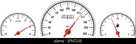Realistisches klassisches Armaturenbrett isoliert. Sportliches schwarzes Auto-Ui-Anzeigepanel. Tachometer, Drehzahlmesser, Kilometerzähler, Kraftstoffstandssensor. Rote Kilometer pro Stock Vektor