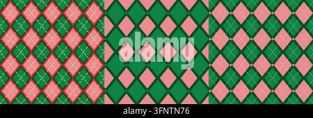Argyle-Weihnachtsmuster-Set ohne Naht, traditioneller Feiertags-Hintergrund mit rosa und grünen Diamanten. Vektorillustration Stock Vektor