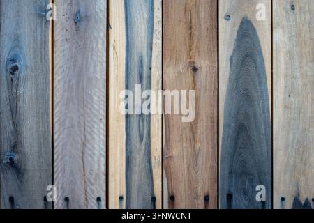 Gemischte Farbe Verwitterte Holzplanken mit Schrauben – Rustikaler mehrfarbiger Holztexturhintergrund Stockfoto