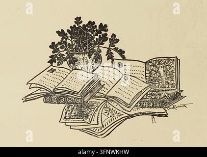 Historische Monochrom-Illustration aus „L'art dans la décoration extérieure des livres en France et à l'étranger: les couvertures illustrées, les cartonnages d'éditeurs, la reliure d'art“ von Octave Uzanne (1852–1931), veröffentlicht 1898. Geöffnete Bücher und verzierte Einbände umgeben eine Blumenvase, mit geometrischen, botanischen und Porträtornamenten. Eine Unterschrift mit der Lesung „Leon Rudnick“ erscheint unten rechts. Stockfoto