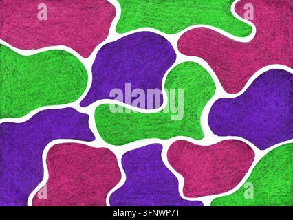 Formen in Lila, Grün und Rosa füllen die Oberfläche. Diese Formen sind in einem Muster mit weißen Umrissen angeordnet. Die Farben vermischen sich und verbinden sich, um ein lebendiges Design zu erzeugen. Stockfoto