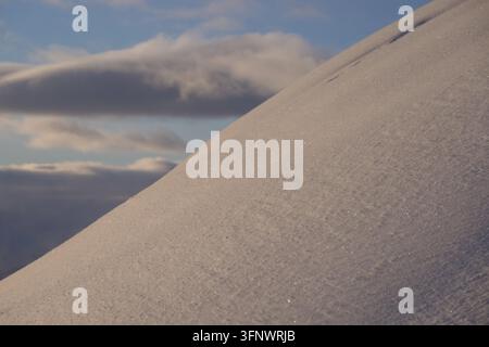 Vom Wind geformte Schneeoberfläche im Winterlicht. Stockfoto
