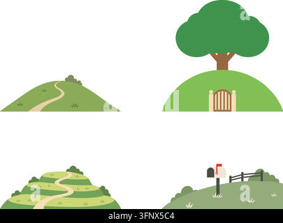 Ein bezauberndes flaches Illustrationsset mit grünen Hügellandschaften, gewundenen Pfaden, Bäumen, kleinen Türen, Zäunen und friedlichen Landschaftsdetails. Stock Vektor