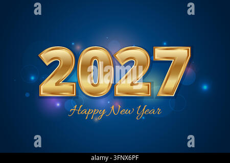Realistische goldene Zahlen 2027 und festliche Lichter auf blauem Hintergrund. Text "Frohes neues Jahr 2026" für Poster, Banner, Karten, Werbung, Cover-Design Stock Vektor