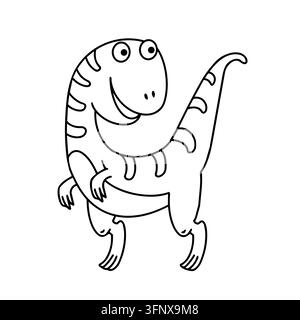 Niedliche Dinosaurier-Farbseite Cartoon-Umrissvektor. Glücklicher, verspielter, lustiger Charakter Doodle-Kunst. Kinderparty-Bildung-Kinderbekleidung-Dekor. Stock Vektor
