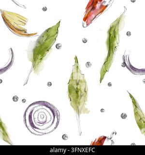 Zwiebelsschalen, Ringe, aromatische Lorbeerblattkräuter, getrocknete Pfefferkornspezien, organische Küchenernte. Isolierter Bleistift- und Aquarellhandgezeichnet Stockfoto