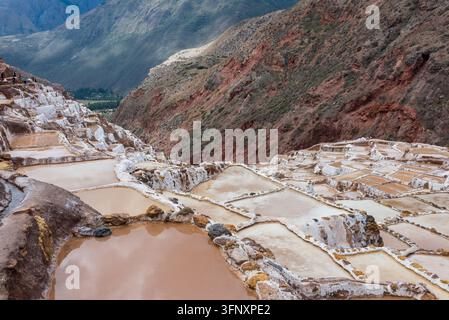 Atemberaubender Luftbild der Salineras de Maras-Salzböden in Peru. Eine historische Landschaft von terrassenförmigen Salzteichen, die die traditionelle Salzgewinnung zeigen Stockfoto