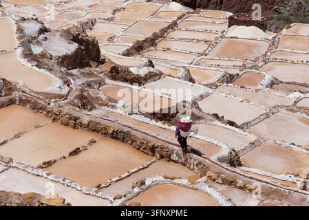 Salineros ernten Salz in den historischen Salinen von Maras, einer Landschaft aus alten Salzsiedelteichen im Heiligen Tal von Peru Stockfoto