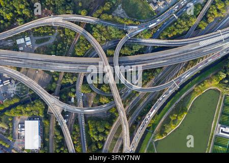 Luftbild einer komplexen Autobahnkreuzung mit mehrstufigen Straßen und weiten Kurven, umgeben von üppigen grünen Bäumen und einem kleinen Teich in den Vereinigten Staaten Stockfoto