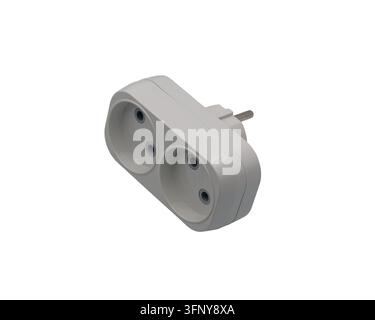 Ein weißer elektrischer Steckdosenverteiler aus Kunststoff mit zwei Steckdosen und einem europäischen Stecker, gezeigt vor weißem Hintergrund. Stockfoto