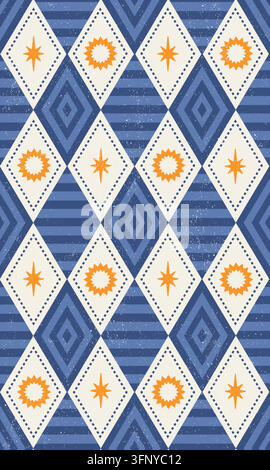 Geometrisches Rautenmuster nahtlose Sternenexplosion blauer Hintergrund Vektorillustration. Wiederholbare Argyle-Diamanttextur lineare Streifen Sternenexplosion Sonnenstrahlung Stock Vektor