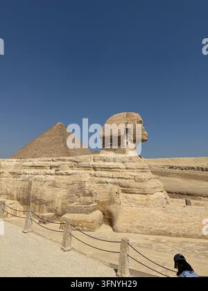 Große Sphinx von Gizeh mit Pyramidenhintergrund auf dem Gizeh-Plateau in Ägypten Stockfoto