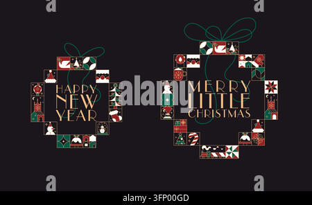 Art-deko-Etiketten mit Schriftzug "Glückliches neues Jahr" und fröhliche kleine Weihnachtszeichnung im linearen Stil auf schwarzem Hintergrund Stock Vektor