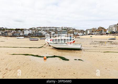 Traditionelle Fischerboote, die bei Ebbe auf dem Hafersand in St Ives, Cornwall, England, UK, ruhen, mit dem historischen Ufer, Hafengebäuden a Stockfoto