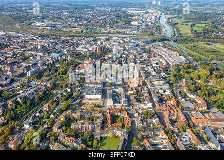 Luftbild, Stadtzentrum mit evang. Pauluskirche, Allee-Center, Johanniter-Kliniken Hamm Standort Nassauerstraße, Blick um Hbf Hauptbahnhof und Hafen, Mitte, Hamm, Ruhrgebiet, Nordrhein-Westfalen, Deutschland ACHTUNGxMINDESTHONORARx60xEURO Stockfoto