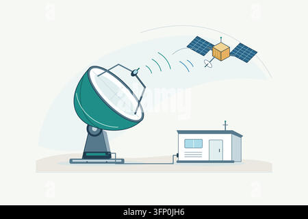 Konzeptionelle Satellitenkommunikationsillustration, die eine Bodenstation mit Parabolantenne, eine Betriebsabschirmung und einen Satelliten mit Solarzellen zeigt, verbunden Stock Vektor