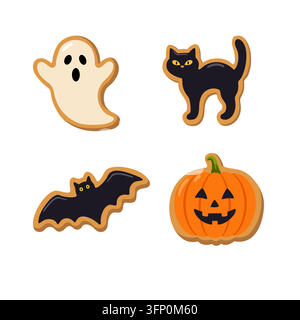 Halloween-Lebkuchengebäck in Form von Geist, schwarzer Katze, Fledermaus und Kürbis Stock Vektor