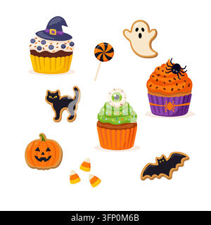 Halloween-Süßigkeiten-Set mit Cupcakes, Keksen und Süßigkeiten Stock Vektor