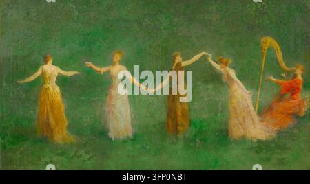 Thomas Wilmer Dewing (Amerikaner: 1851 – 1938) - Sommer - 1890 - Das Kunstwerk zeigt eine traumhafte, stimmungsvolle Landschaft, in der vier elegante Frauen in Abendkleidern des späten 19. Jahrhunderts über ein üppiges grünes Feld schreiten, begleitet von der Melodie einer Harfe, die eine fünfte Frau spielt. Dewings Werk war stark von Musik, asiatischen Designprinzipien und der Ästhetik von James McNeill Whistler inspiriert, wobei er Stimmung, Harmonie und das Streben nach reiner Schönheit über industriellen Realismus stellte. Stockfoto