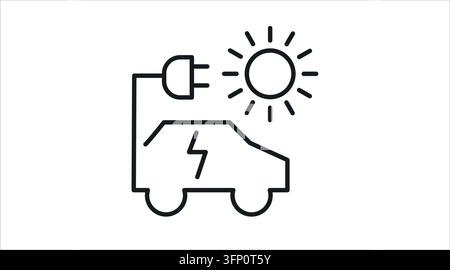 Elektroauto lädt mit Solarstromstecker und Sonnen-Vektor-Symbol. Schwarzer Linienkunststil auf weißem Hintergrund. Stock Vektor