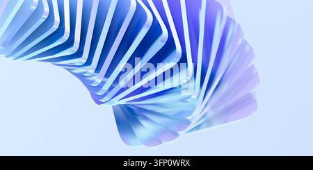 Abstrakte 3D-Darstellung eines Hintergrunds mit sich wiederholenden gebogenen geometrischen Formen in blauen und violetten Abstufungen. Stockfoto