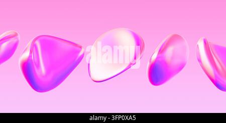 Abstrakte 3D-Darstellung von schwebenden organischen Flüssigblasen mit holografischem Farbverlauf auf pinkfarbenem Hintergrund. Stockfoto