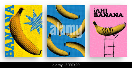 Satz von lustigen Bananen im Pop-Art-Stil mit einem Retro-Halbtoneffekt. Doodle-Zeichnung einer menschlichen Hand, die eine gelbe Frucht hält; Vektorillustration. Stock Vektor