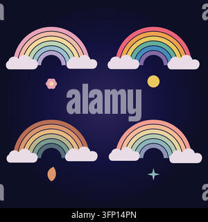 Vier minimalistische Regenbogenillustrationen mit gedeckten Farbkombinationen und kleinen himmlischen Formen auf navyfarbenem Hintergrund Stock Vektor