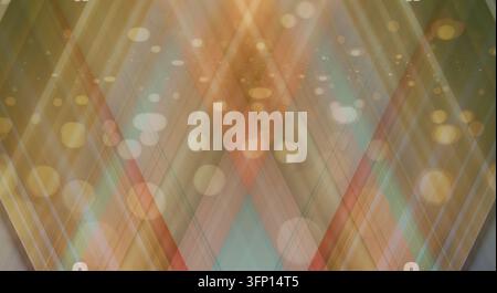 Abstrakter geometrischer Hintergrund mit sich überlappenden bunten diagonalen Linien und leuchtenden Bokeh-Lichtpartikeln. Stockfoto