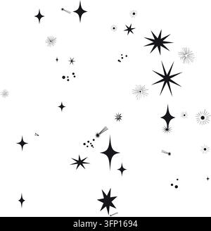 Handgezeichnete Ästhetik mit vielfältigen Sternenlichtformen und Ausbrüchen. Perfekt für astrologische oder magische Marken. Stock Vektor