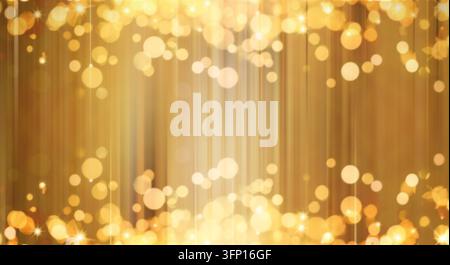 Weiche goldene Bokeh-Lichter, die in vertikalen Linien angeordnet sind, für die kommerzielle Nutzung in Feiertagsdesigns, Bannern und Grußkarten. Stockfoto