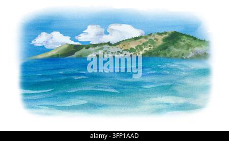 Handgemalte Aquarellillustration einer tropischen Insellandschaft mit grünen Hügeln, klarem blauem Ozeanwasser und weißen Wolken am Himmel auf einem Stockfoto