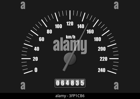 Realistisches klassisches Auto-Tachometer mit Kilometerzähler-Sensor-HUD-Schnittstellenvorlage isoliert. Sportliches weißes Auto-UI-Anzeigefeld. Graue Kilometer pro Stunde mo Stock Vektor