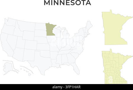 Minnesota-Lagekarte mit Counties auf einer USA-Karte. Der Staat ist auf einer Umrisskarte der USA hervorgehoben, mit Alaska und Hawaii als Einbänden. Stock Vektor