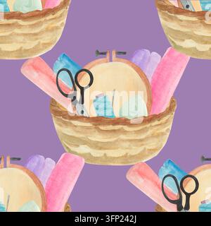Handgezeichnete Aquarell-Strickelemente im Korb-Illustrationsset. Garnknäuel-Clipart, Bastel- und Hobby-Clipart Stockfoto